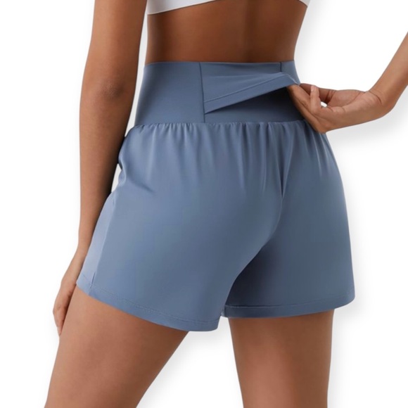 Women's Blue Double Layer High-Waisted Shorts - Picture 2 of 6